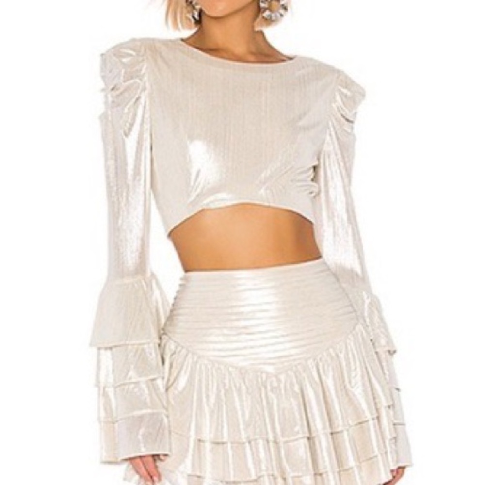 RETROFETE/ Revolve Crop Top XS - Crop Bell Sleeve Shimmer metallic Top. NWT $375